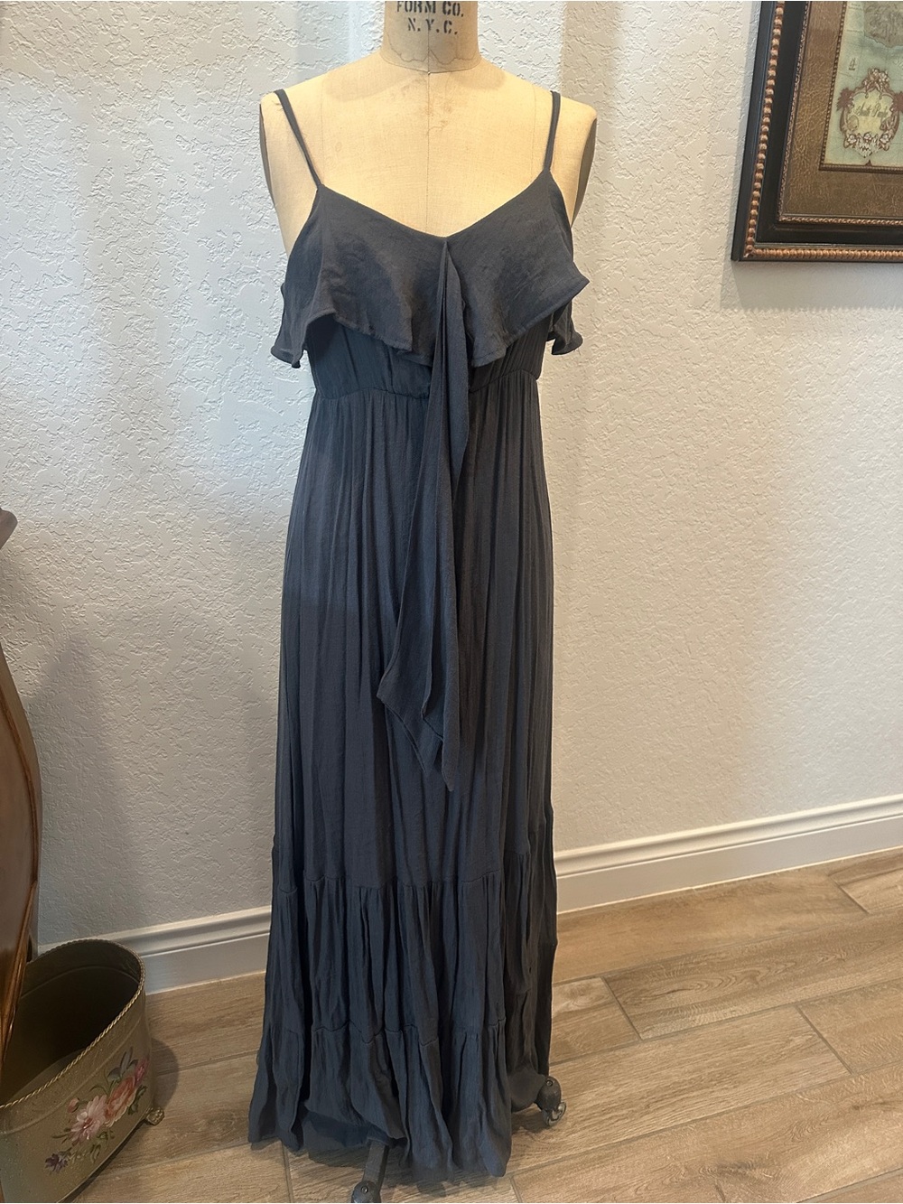 Ya Los Angeles Slate Gray Ruffle Top Maxi Dress